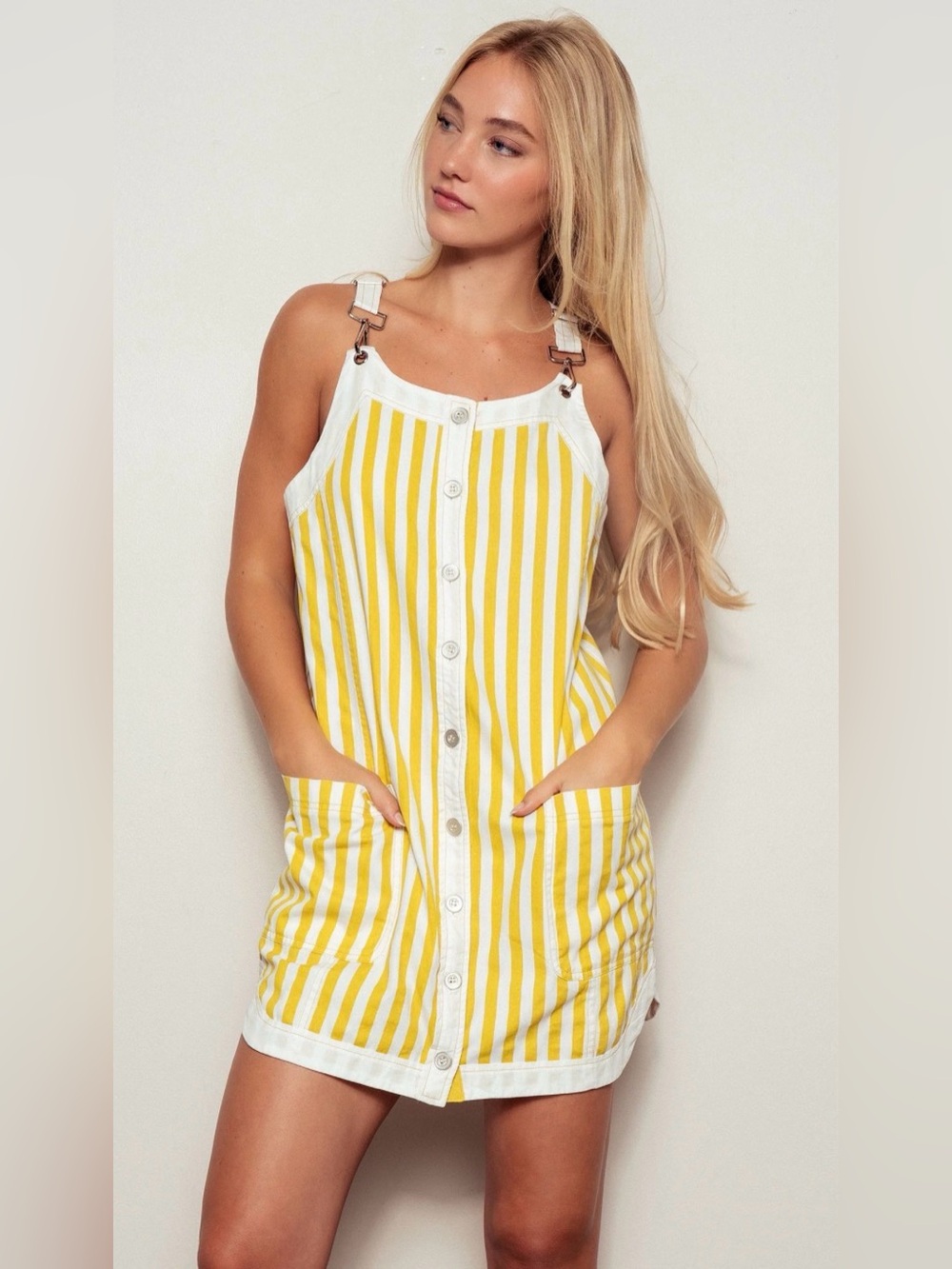 Maeve White Overall Dress with Yellow Stripe Detail